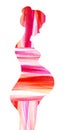 Watercolor colorful striped silhouette of naked pregnant woman against white background. Profile of future mother waiting for her