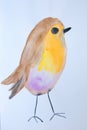 Watercolor colorful tiny cute bird standing alone. Art brush animal