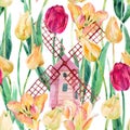 Watercolor colorful tulips field with old windmills Royalty Free Stock Photo