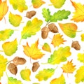 Watercolor colorful yellow autumn leaves seamless pattern. Hand drawn illustration with acorn, maple, alder, oak leaf on Royalty Free Stock Photo