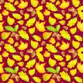 Watercolor colorful yellow autumn leaves seamless pattern. Hand drawn illustration with acorn, maple, alder, oak leaf on white Royalty Free Stock Photo