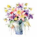 Watercolor Columbine Bouquet In Vase