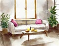 Watercolor of Comfortable living room with cozy sofa cup of