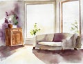 Watercolor of Comfortable living room with cozy sofa cup of