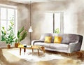 Watercolor of Comfortable living room with cozy sofa cup of
