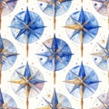 Watercolor Compass Rose Seamless Pattern Nautical Theme Royalty Free Stock Photo