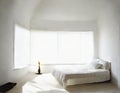 Watercolor of A completely white bedroom with window covered by a