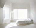 Watercolor of A completely white bedroom with window covered by a