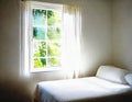 Watercolor of A completely white bedroom with window covered by a
