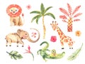 Watercolor composition with African animals and natural elements. Lion, elephant, alligator, giraffe, palm trees, flowers. Safari