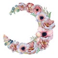 Watercolor composition with anemone flowers bouquet in a shape of the moon