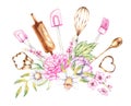 Watercolor composition of baking tools with floral bouquets of spring flowers