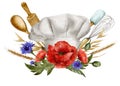 Watercolor composition with chef& x27;s hat, flowers, kitchen utensils on a white background. Tools for cooking, poppies