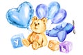 watercolor composition of child theme with a teddy bear, blue airplane, different air balloons, blue and lilac cubes