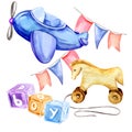 watercolor composition of child theme with a toys, blue airplane, wooden horse, blue, beige and lilac cubes and