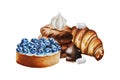 Watercolor composition with chocolate cookies, eclairs, croissant, meringue, blueberry cake. Hand painting sweet juicy