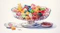 watercolor composition of a classic candy dish with an assortment of colorful sweets