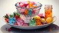 watercolor composition of a classic candy dish with an assortment of colorful sweets