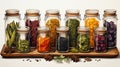 watercolor composition featuring an array of colorful spices and herbs in small jars