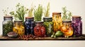 watercolor composition featuring an array of colorful spices and herbs in small jars