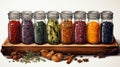 watercolor composition featuring an array of colorful spices and herbs in small jars