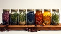 watercolor composition featuring an array of colorful spices and herbs in small jars