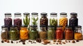 watercolor composition featuring an array of colorful spices and herbs in small jars