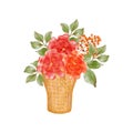 Watercolor composition of flowers in a waffle cup. Postcard, banner with roses. Bouquet of roses in an ice cream cup