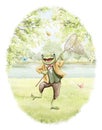 Watercolor cartoon frog toad in vintage outfit catches butterfly with net in summer green nature Royalty Free Stock Photo