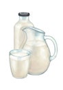 Watercolor composition of the glass, bottle and jug of milk. Royalty Free Stock Photo