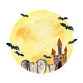 watercolor composition of halloween theme with moon, tower, headstone, funeral and bats on watercolor moon background Royalty Free Stock Photo