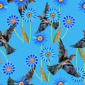 Decorative flowers with birds on blue background. Seamless pattern for design. Royalty Free Stock Photo