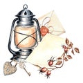 Watercolor composition old kerosene lamp, sealed envelope, sheets parchment with rosehip branch and padlock with key Royalty Free Stock Photo