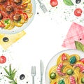 Watercolor composition with pasta, napkins, vegetables and table