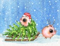 Watercolor composition with piglets, sleigh, snow and Christmas