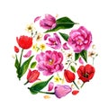 Watercolor composition of pink and red tulips, primroses.