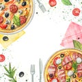 Watercolor composition with pizzas, napkins, vegetables and tableware