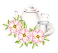 Watercolor composition from a porcelain cup and teapot, flowers, bouquets Royalty Free Stock Photo