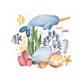 Watercolor composition with seaweeds,sea creatures,seashells and corals.Underwater collection Royalty Free Stock Photo