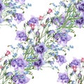 Watercolor stripe meadow bellflowers on white background. Seamless pattern for design.