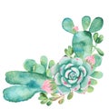 Watercolor composition with succulents, cacti and watering can.