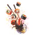 Watercolor composition with sushi, splash sause, ingredient for sushi on colorfool watrcolor background. For design