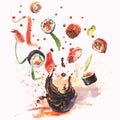 Watercolor composition with sushi, splash sause, ingredients for sushi on colorfool watrcolor background.