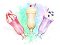 Watercolor composition of sweet vanilla, strawberry and blueberry milkshakes on paint splashes