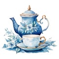 Watercolor composition of teapot, cup and blue flowers. Vintage style illustration isolated on a white background. Royalty Free Stock Photo