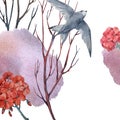 Watercolor composition with tree branches, geranium flowers and swift bird. The illustration is hand drawn