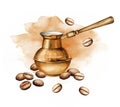 watercolor composition with Turkish coffee pot, coffee seeds, hand drawn illustration of espresso and cava, collection