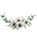 Watercolor composition with white anemones and eucalyptus leaves. Hand painted flowers and leaves isolated on white