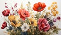Watercolor composition of wild flowers. The bouquet consists of poppies, tulips, cornflowers and other meadow and field herbs