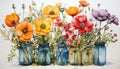 Watercolor composition of wild flowers. The bouquet consists of poppies, tulips, cornflowers and other meadow and field herbs